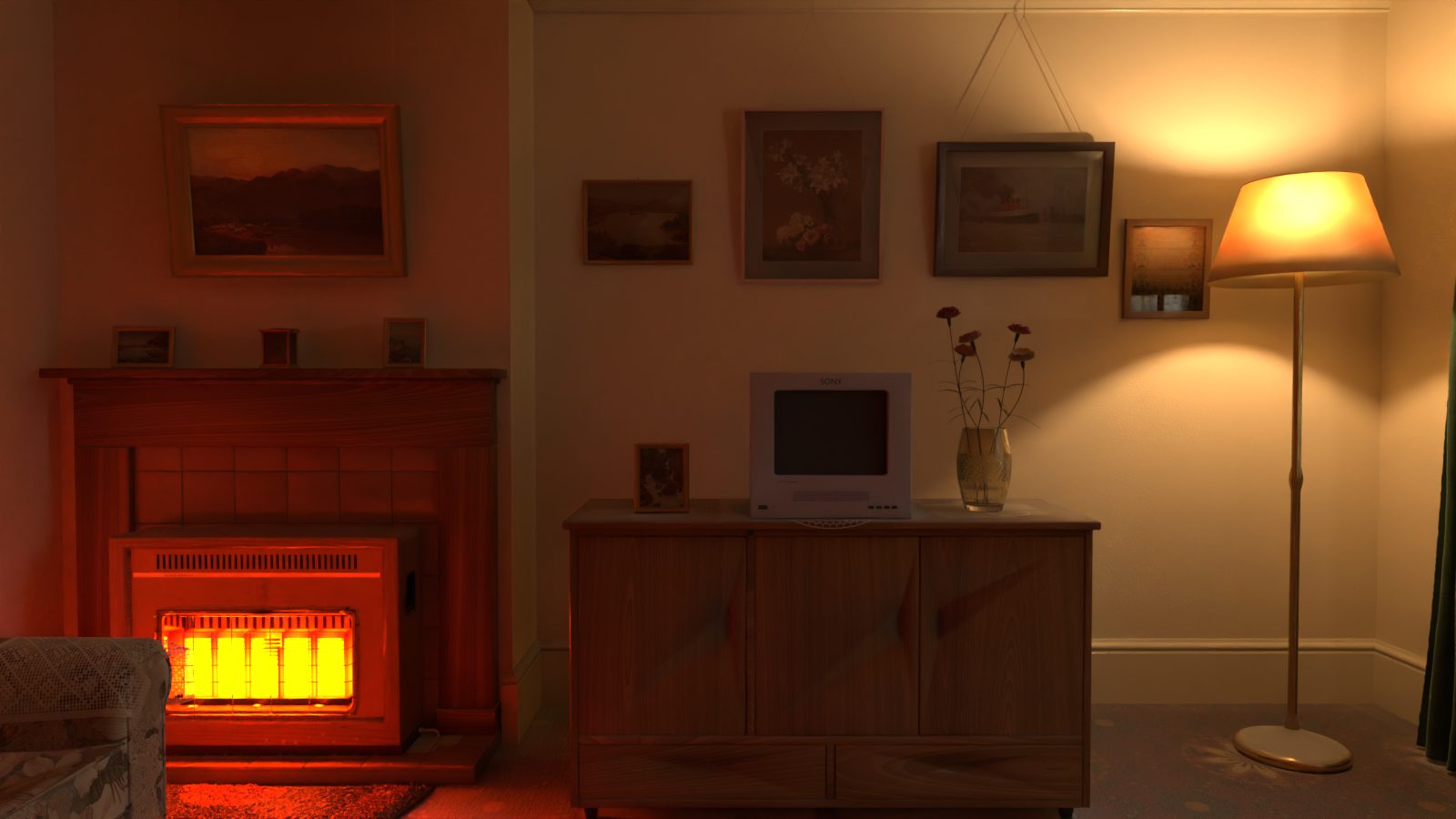 A 1970s front room at dusk: a gas fire glowing orange, a wooden sideboard with a small television and a vase of carnations, framed pictures on the wall and a lit standard lamp.