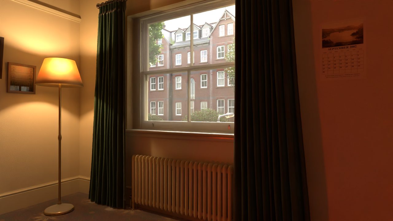 A sash window between heavy green curtains, looking out on red-brick houses; a standard lamp to the left, and a calendar on the wall reading September 2002.