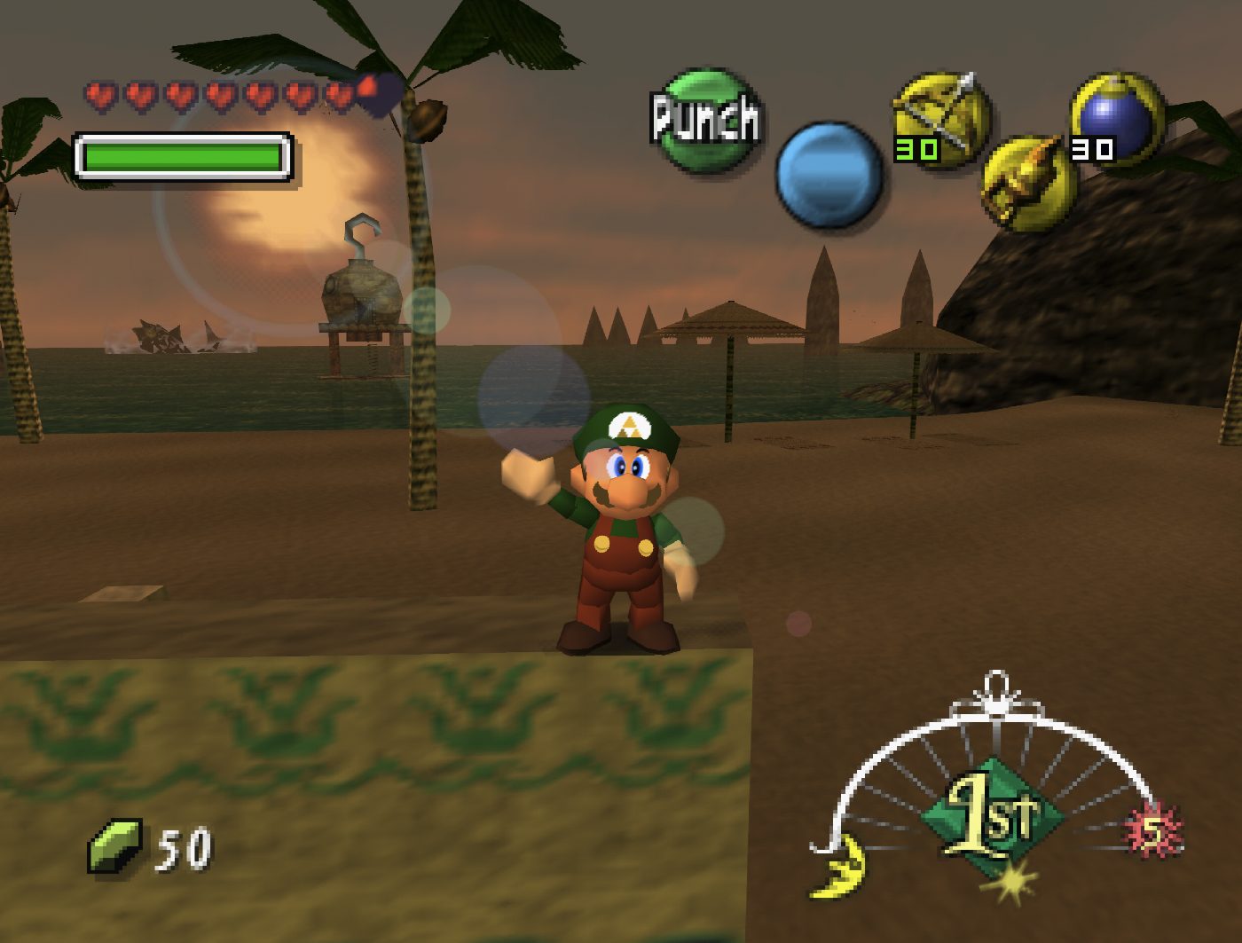 In-game screenshot: Mario, in a green cap, waves on a beach at sunset, with palm trees, the sea and the game's heads-up display.